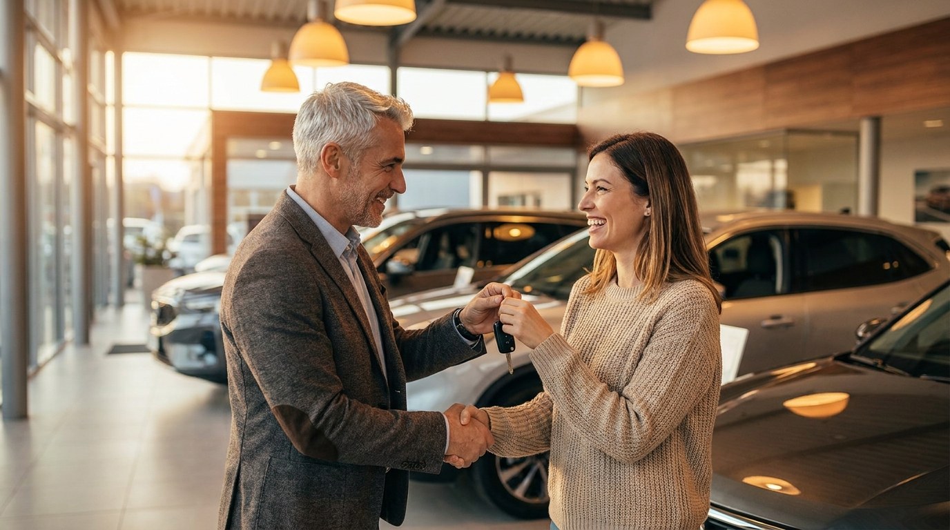Dono e cliente fechando negócio na revenda